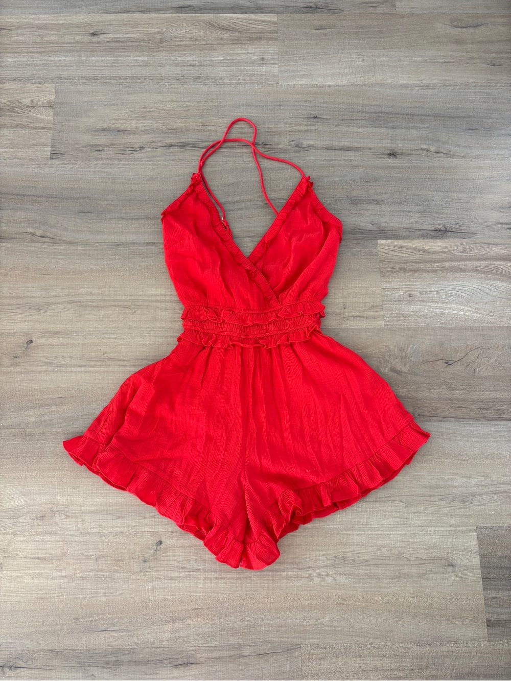 Red Ruffled Waist Cami Romper - Women